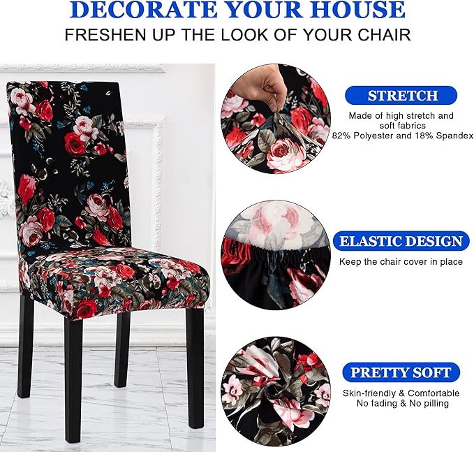 Sufdari Dining Chair Covers,Kitchen Chair Cover,Parsons Chair Slipcover,Spandex Chair Protectors for Dining Room Stretch Chairs Cover Set of 6 -Black Rose