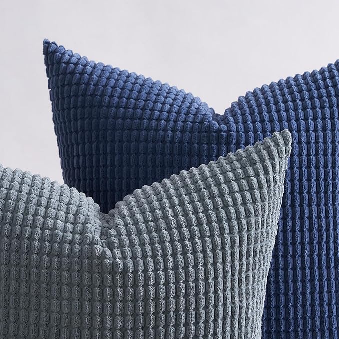 Topfinel Summer Throw Pillow Covers 20x20 Inch Set of 4,Blue Corduroy Decorative Cushion Cover,Modern Unique Pillow for Couch,Sofa,Living Room,Dark Blue Big European Pillow Shams