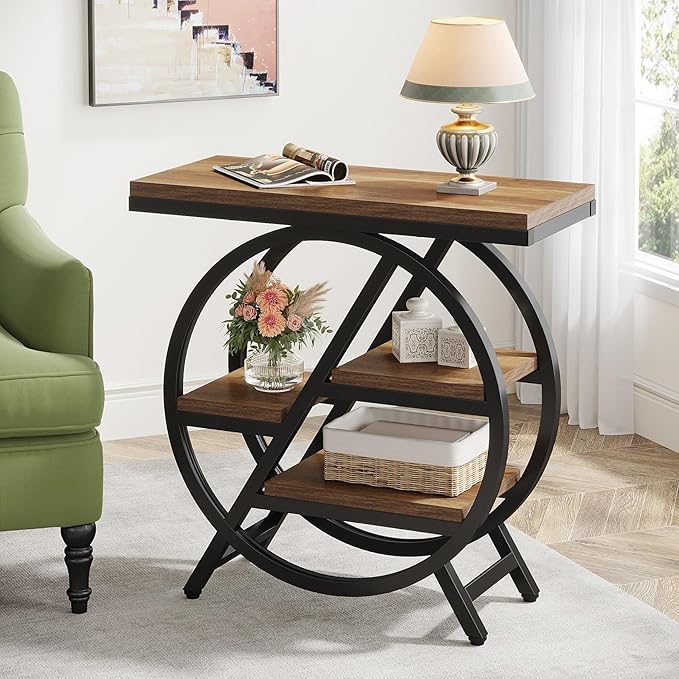 Tribesigns End Table Set of 2, 3-Tier Narrow Sofa Side Table with Storage for Living Room, Wood End Table with Geometric Metal Frame, Industrial Nightstand and Bedside Table for Bedroom, Light Brown