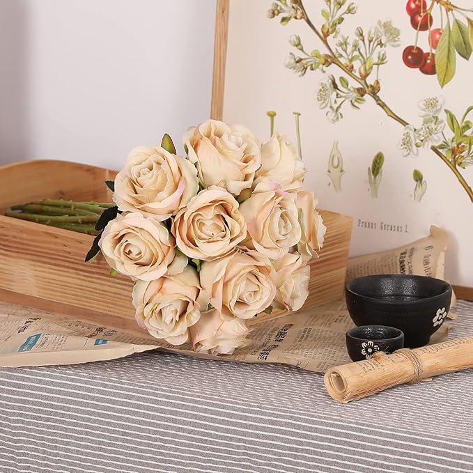 Nubry Artificial Silk Rose Flower Single Stem Lifelike Vintage Fake Rose for Wedding Bouquet Floral Arrangements Home Party Centerpiece Decoration, 10pcs (Vintage Champagne)
