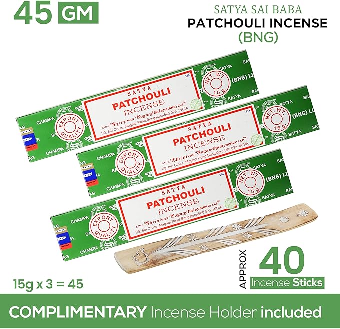 Satya Patchouli Incense Sticks, Satya Bng (Bangalore) Insenses 15gmx3 Pack (45 GMS) with Raajsee Incense Holder Bundle, Satya Nagchampa Natural Incense