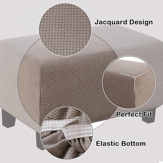 Turquoize Oversize Ottoman Slipcover Rectangle Folding Storage Stool Ottoman Cover Jacquard Small Check Polyester Stretch Fabric with Elastic Bottom Furniture Protector (X-Large, Taupe)