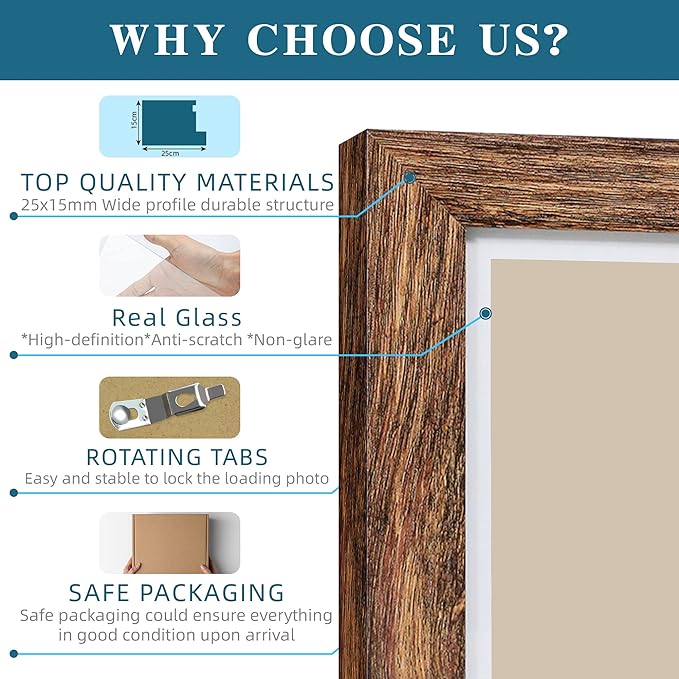 10x14 Picture Frame Set of 2, Made of Glass and Rustic Brown Wooden Frame, Display 8x12 Pictures with Mat or 30 x 40cm Diamond Painting Art without Mat for Wall Mounting, Gallery Photo Frames