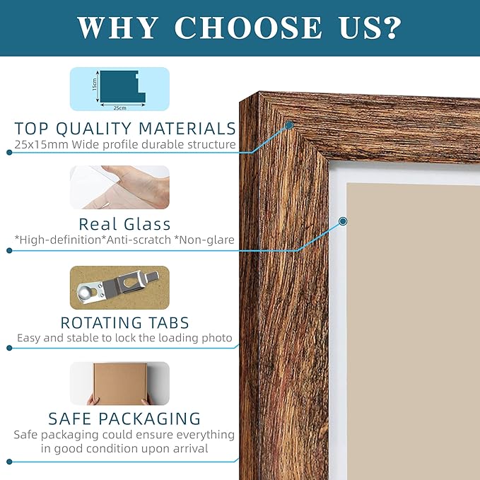 8x11 Picture Frame Set of 2, Made of Real Glass and Rustic Brown Wooden Frame - 8 by 11 Photo for Wall or Tabletop Display
