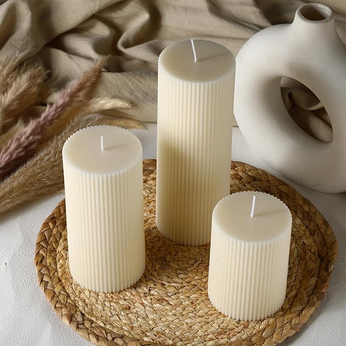 Ribbed Pillar Candles Set of 3, Width 3" High 4" 6" 8" Large Soy Wax Orchids Scented Pillar Candles Aesthetic Ribbed Modern Home Decor for Bathroom Living Room(Cream)