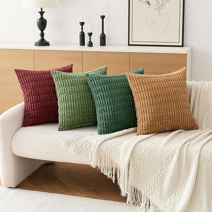MIULEE Soft Corduroy Throw Pillow Covers Set of 4 Christmas Green 18x18 Inch Modern Farmhouse Boho Decorative Accent Cushion Covers for Couch Sofa Bedroom