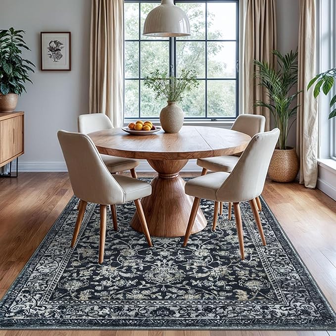 KILOCOCO Area Rug 6x9 Living Room Rug Washable Printed Vintage Floral Non Slip Soft Rubber Backed Indoor Bedroom Rugs for Laundry Room Kitchen Playroom Moroccan Area Rugs, Navy/Charcoal