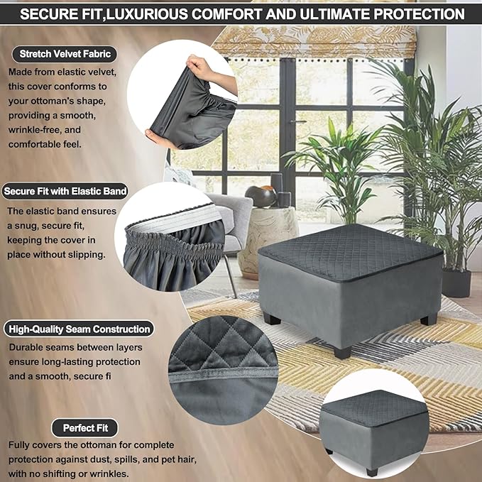 NeColorLife Waterproof Square Ottoman Cover,Thick Stretch Velvet Slipcover for Footstool,Non-Slip Soft Furniture Protector for Pets and Dogs,Dark Gray,Medium