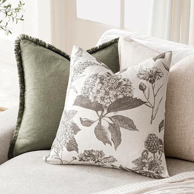 Foindtower Set of 2 Linen Floral Vintage Throw Pillow Covers Neutral Accent Decorative Cushion Covers Farmhouse Boho Home Decor for Sofa Chair Couch Bedroom Living Room,20×20 Inch,Light Gray