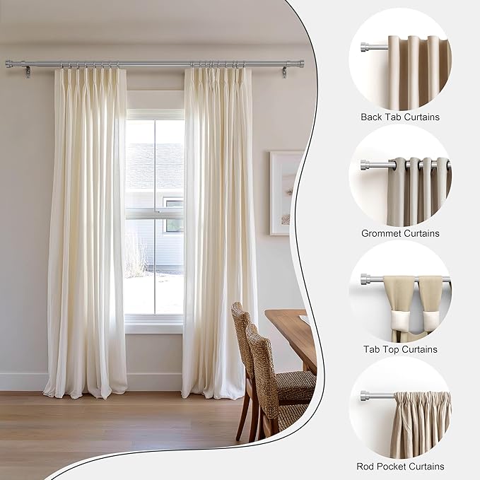 PORTRES Silvery Heavy Duty Curtain Rods for Windows 66 to 120 Inches Adjustable Length 1" Diameter Curtain Rod with Modern Decorative Finials for Outdoor Farmhouse Bedroom Kitchen Living Room
