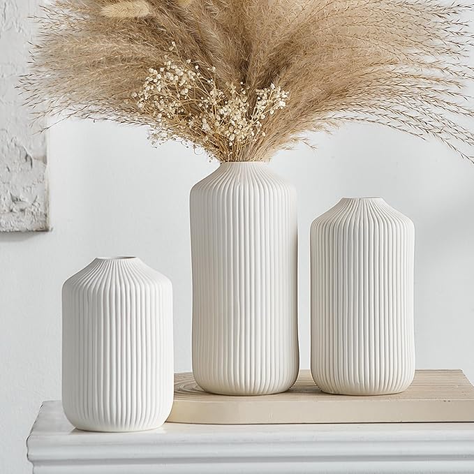 AWNR Ceramic Vase Home Decor: Set of 3 White Flower Vases Minimalist Vase for Flowers Modern Home Decor for Living Room Centerpiece Table Decorations