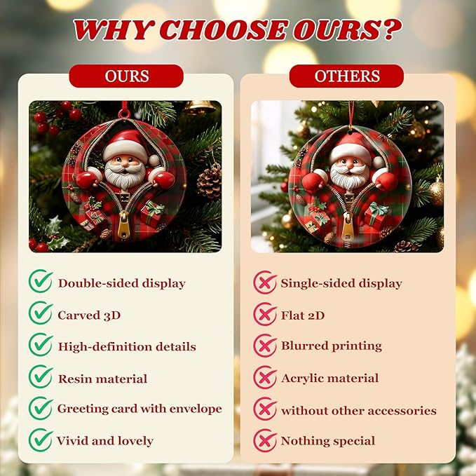 3D Santa Ornaments for Christmas Tree, Christmas Tree Fun Santa Decorations, Resin Funny Holiday Decoration, Christmas Ornaments Hanging Decoration Gift & Xmas Stocking Stuffers for Women, Men