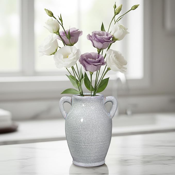 Sunddo Blue Ceramic Vase with 2 Handles, Modern Pottery Flower Vase, Texture Decorative Vases for Pampas Grass, Farmhouse Decor, Centerpiece for Dining Table Console Shelf Bookshelf Mantle