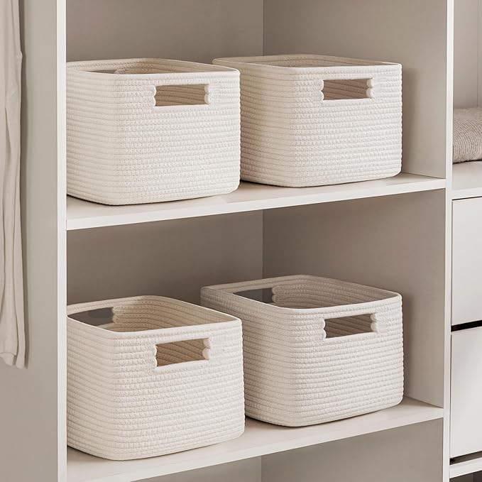 UBBCARE Storage Cubes 4 Pack, 11x 11x 7.8 Cube Storage Bin with Handles, Cotton Rope Baskets for Organizing, Woven Baskets for Shelf, Baby Nursery, Toy Storage, Closet, Classroom, Beige