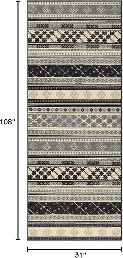 Custom Size Grey Bohemian Kilim Rubber Backed Non-Slip Hallway Stair Runner Rug Carpet 31 inch Wide Choose Your Length 31in X 9ft