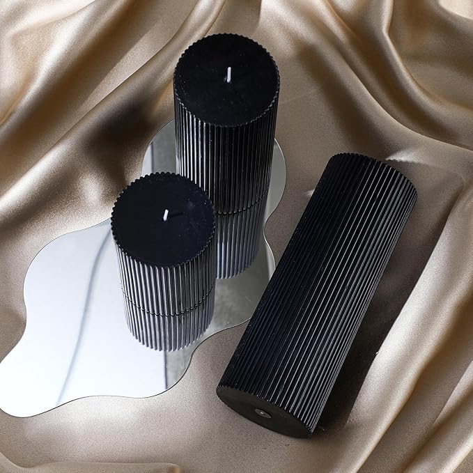 Ribbed Pillar Candles Set of 3, Width 3" High 4" 6" 8" Large Soy Wax Orchids Scented Pillar Candles Aesthetic Ribbed Modern Home Decor for Bathroom Living Room(Black)