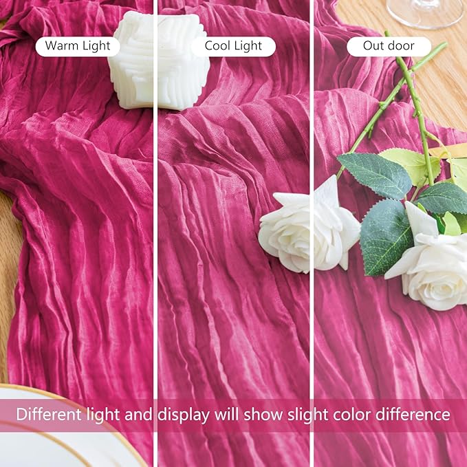12PCS Table Runner Cheesecloth 10FT Deep Pink Boho Gauze Cheese Cloth Rustic Sheer Table Runners for Wedding Birthday Bridal Baby Shower Party Decoration