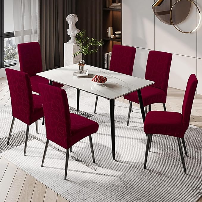 Genina Waterproof Dining Room Chair Covers Stretch Parsons Chair Slipcovers for Dining Room Kitchen Chair Protector Cover, Removable, Washable (4, Flower Pattern-Wine Red)