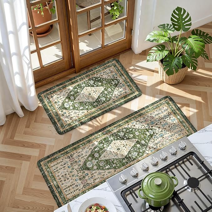 Collive Boho Kitchen Mats for Floor, Cushioned Anti Fatigue Kitchen Rug Set of 2, Non-Skid Waterproof Sink Rugs Comfort Standing Mat for Laundry, Office, Desk, Green