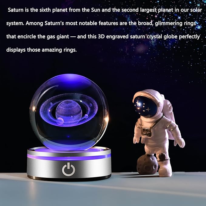 IFOLAINA 3D Saturn Crystal Ball Lamp Space Themed Gifts Engraved Glass Planet Sphere Decor Gifts Crystal Saturn Model Light Astronomy Gift for Kids Him Men Birthday