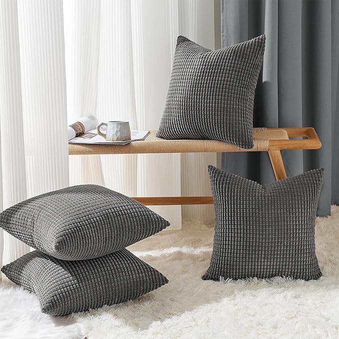 Topfinel 4 Packs Dark Grey Decorative Throw Pillow Covers 20x20 Inch for Living Room Couch Bed, Rustic Modern Farmhouse Home Decor, Soft Corduroy Bulge Cute Accent Square Cushion Case 50x50 cm