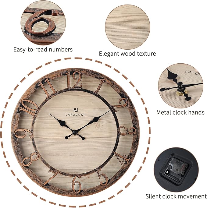 Lafocuse 12 Inch Silent Brown Wall Clocks Battery Operated, Farmhouse Wall Clock Analog for Kitchen Living Room, Rustic Home Décor