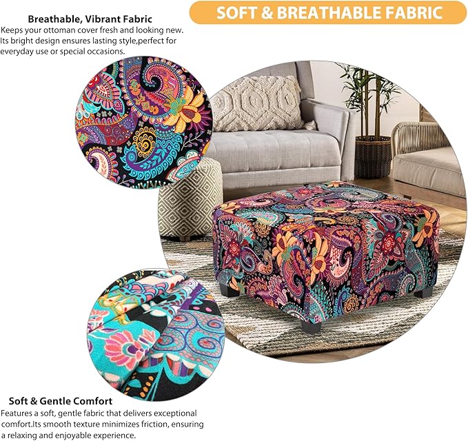 Large Ottoman Cover Square Slipcovers Printed,Stretch Footrest Stool Cover for Ottoman Square,Soft Foot Stool Cover Protector with Nonslip Elastic Bottom (Large,Purple)