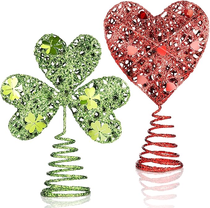 2pcs Valentine Day St Patrick's Day Mini Tree Topper Heart Shamrock Tree Topper Red Green Iron Metal Glitter Holidays Ornament for Irish Festival Party Decorations (2,Classic)