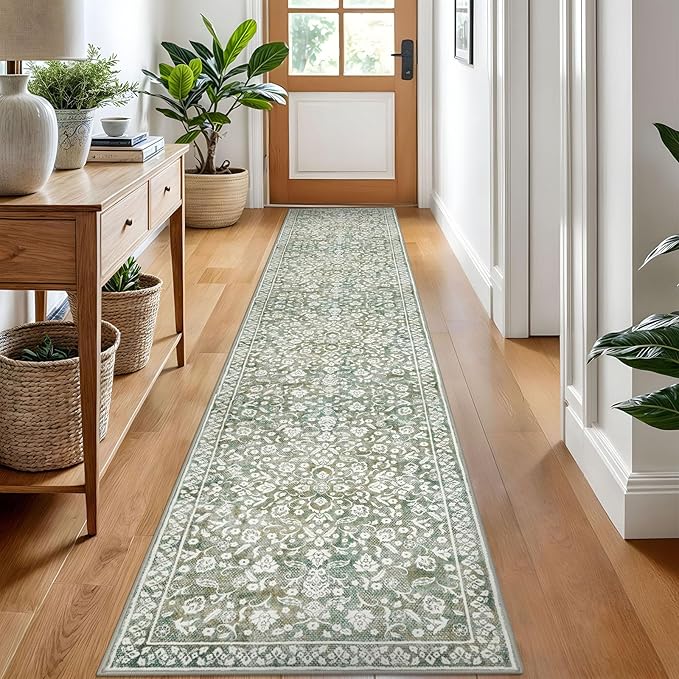 Vintage Runner Rugs for Hallway 2x10, Sage Green Beige Washable Long Hallway Runner Rug Non Slip, Super Soft Kitchen Runner Rug, Print Faux Wool Floral Thin Carpet Runner for Entryway Bedroom