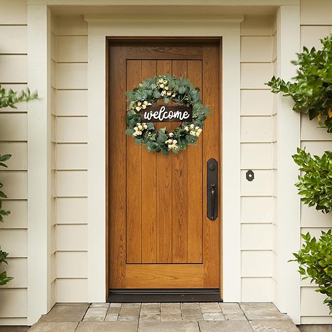 Sggvecsy Green Artificial Eucalyptus Wreath with Welcome Sign 20in Spring Summer Wreath with White Berries for Front Door Wall Window Festival Porch Farmhouse Patio Garden Decor