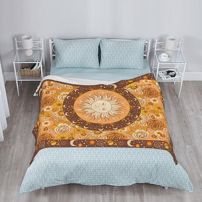 Sun Moon Bohemia Throw Blanket Soft Plush Fleece Blankets Warm Cozy Lightweight Fuzzy Blanket for Bed Sofa Couch Home Decor 80"X60"