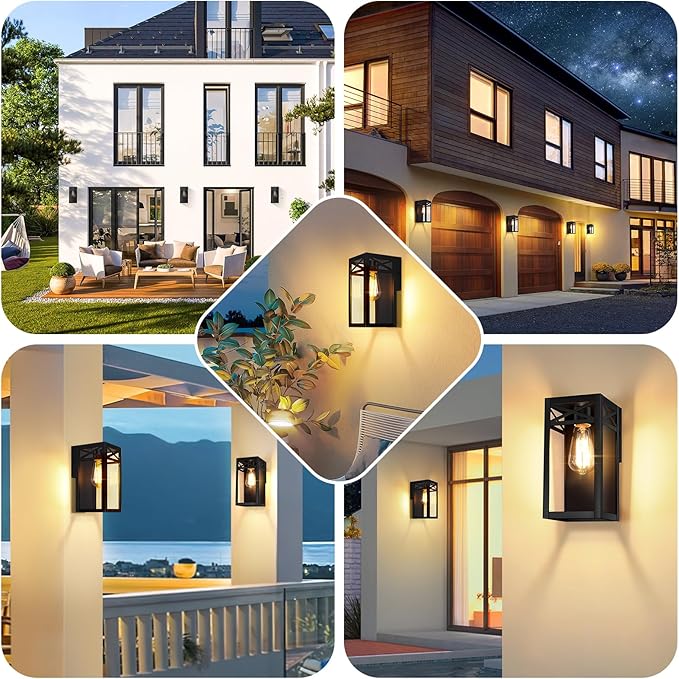 Outdoor Wall Light Fixtures, Exterior Waterproof Lanterns, Black Porch Lights with Glass Shade, Sconces Wall Mount Lighting with E26 Socket, Anti-Rust Wall Lamps for Patio Front Door Entryway, 2-Pack