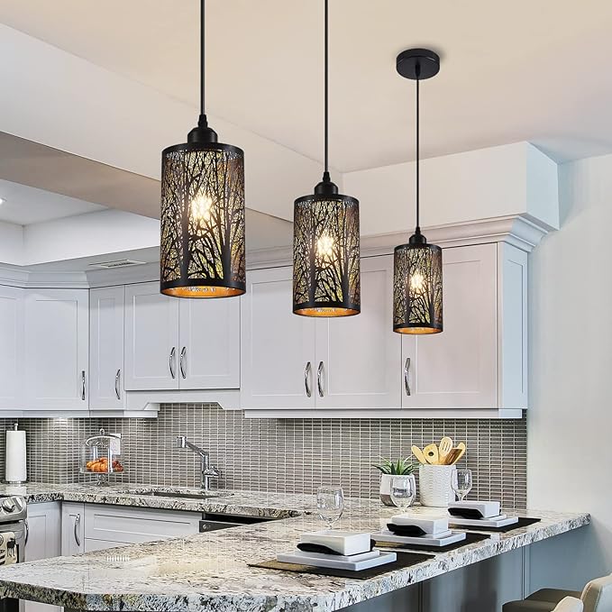 Industrial Black Pendant Light Fixture Vintage Farmhouse Mini Black Gold Pendant Lighting Rustic Hollow-Carved Cylinder Pendant Light for Kitchen Island, Dining Room, Bedroom