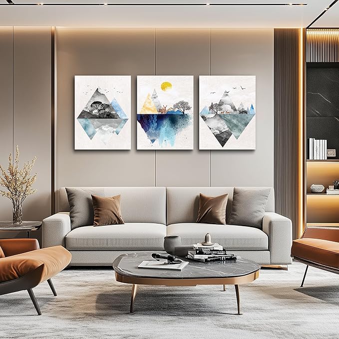 Wall Art for living room Canvas Prints Artwork bathroom Wall Decor Abstract Mountain geometric Picture Watercolor painting 3 Pieces Framed bedroom wall decorations Fashion Office Home decoration