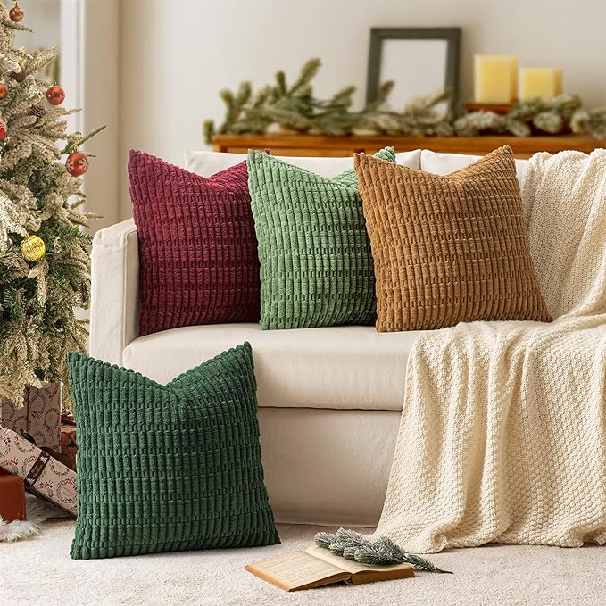 MIULEE Soft Corduroy Throw Pillow Covers Set of 4 Christmas Green 18x18 Inch Modern Farmhouse Boho Decorative Accent Cushion Covers for Couch Sofa Bedroom