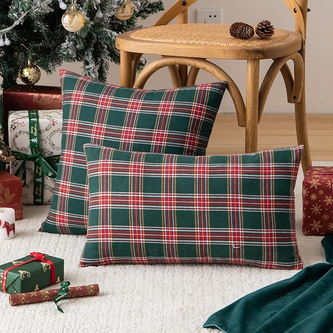 AQOTHES Pack of 2 Christmas Plaid Decorative Throw Pillow Covers Scottish Tartan Cushion Case for Farmhouse Home Holiday Decor Red and Green, 12 x 20 Inches