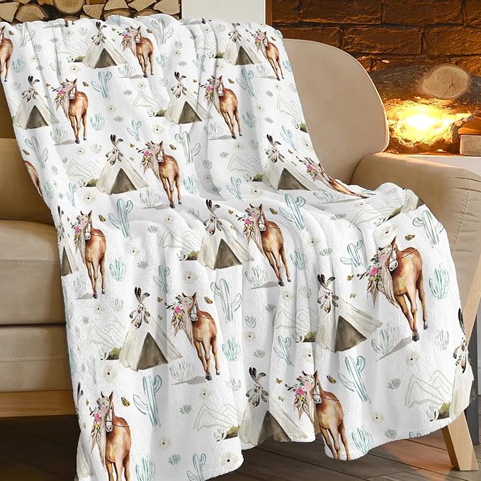 Horse Blanket Rustic Boho Horse Lover Throw Blanket Super Soft Plush Warm Fleece Flannel Western Cactus Decor Gifts for Baby Kids Girls Women Boys for Sofa Couch Bed 50"X60"