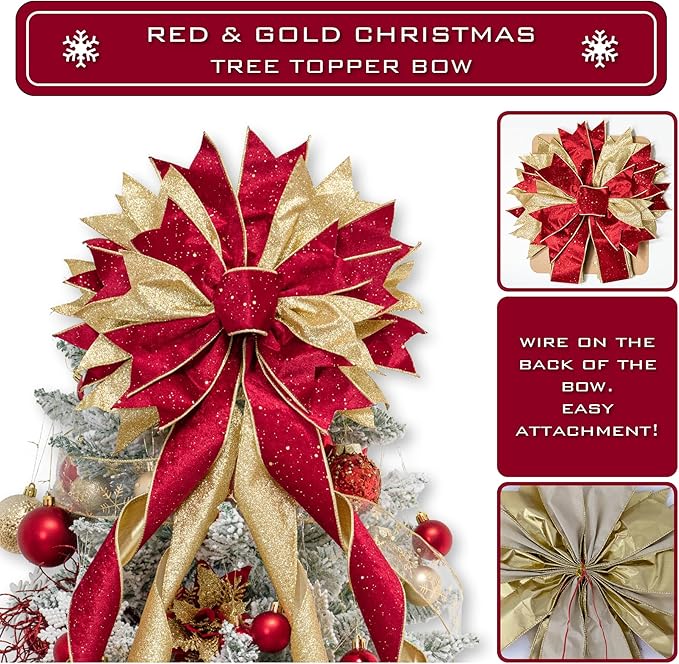 Christmas Tree Topper Bow, 53x13 Inches Large Christmas Bow with Glitter Streamer, Decorative Ribbon Bows for Xmas Tree Wreath Door Festival Home Decor(Red & Gold)
