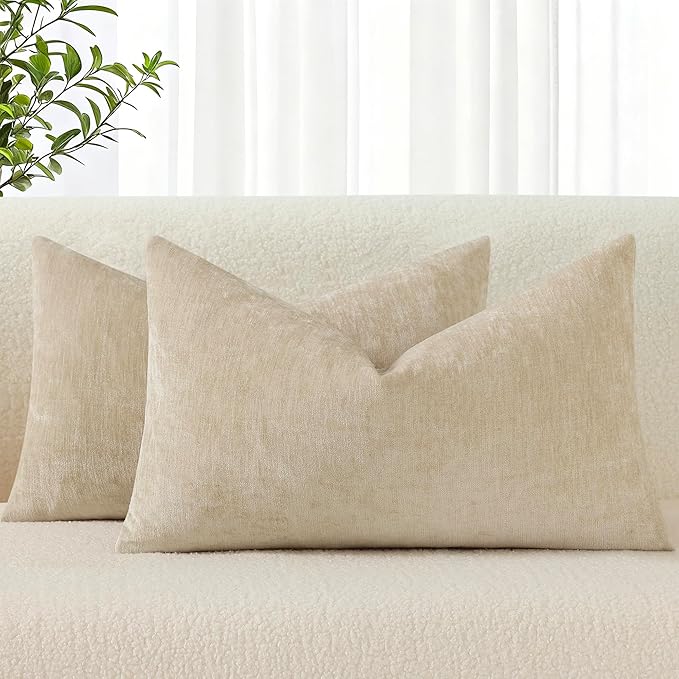 decorUhome Chenille Beige Christmas Throw Pillow Covers 12x20 Inch Set of 2, Decorative Soft Couch Pillow Covers Solid Dyed Accent Farmhouse Neutral Rectangle Pillow Cases for Sofa