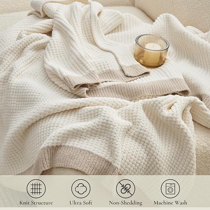 Amélie Home Waffle Throw Blanket for Couch, Soft Cozy Chenille Knit Blanket Warm Decorative Throw for Sofa,50"x60", Ivory