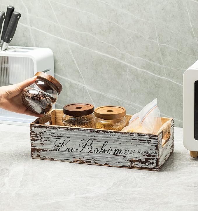 TIMRIS Farmhouse Distressed Wooden Storage Box, Rustic Bathroom Decor Box, Decorative Toilet Tank Basket Nice Butt, Vintage Countertop Organizer Box with Handles (Distressed White)