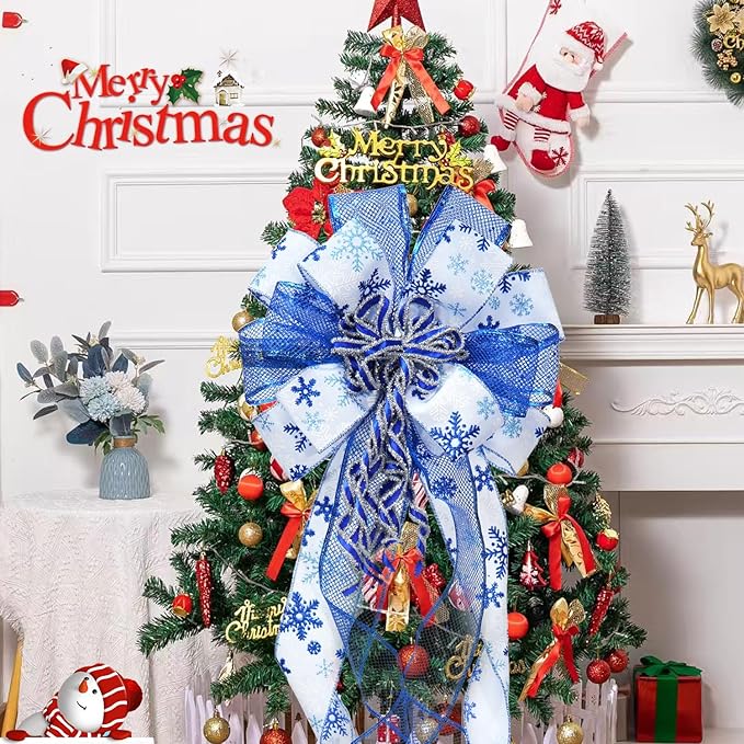 Christmas Tree Topper Bow, 43" Christmas Wreath Bows Blue and White Ribbon Ornaments with Tassels Snowflakes and Glitter, Home Decor for Holiday Xmas Decoration Home Parties Wedding Gift
