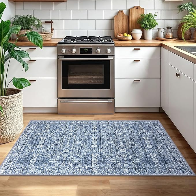 3x5 Washable Area Rug for Entrance, Blue Soft Distressed Floral Rug with Non-Slip, Low-Pile Vintage Area Rugs for Office Entryway Bedroom, Non-Shedding Carpet for Boys Dorm