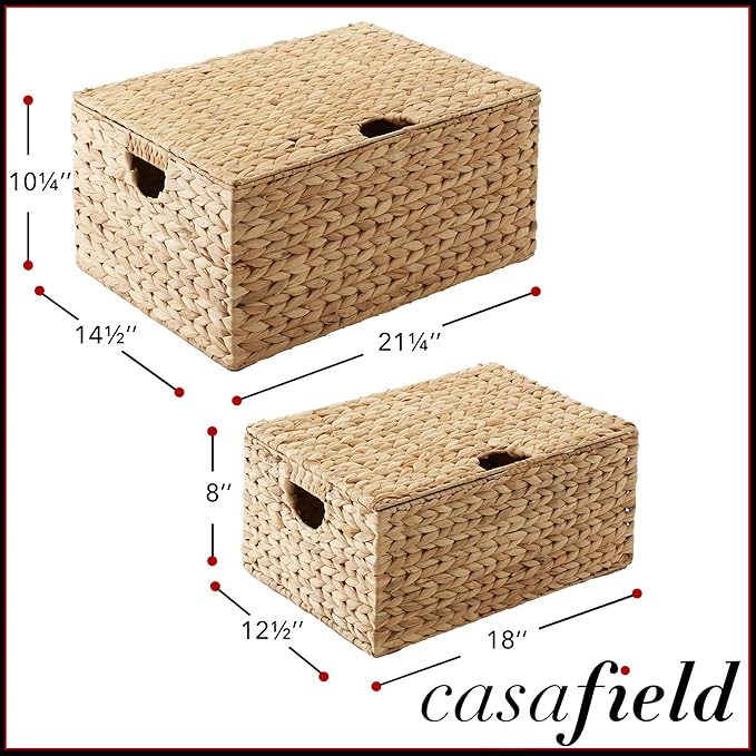 Casafield Set of 2 Water Hyacinth Rectangular Storage Baskets with Lids (Natural - Medium/Large) for Bedroom, Bathroom, Laundry, Home Office