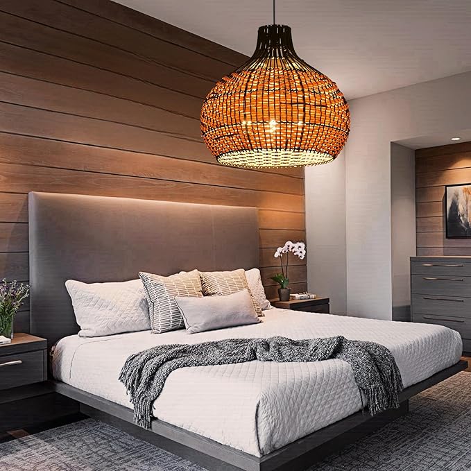 3-Light Rattan Pendant Light,15" Hand-Woven Black Brown Faux Rattan Hanging Light Boho 1-Pack Wicker Basket Chandelier,for Living Room Bedroom Kitchen Dining Farmhouse