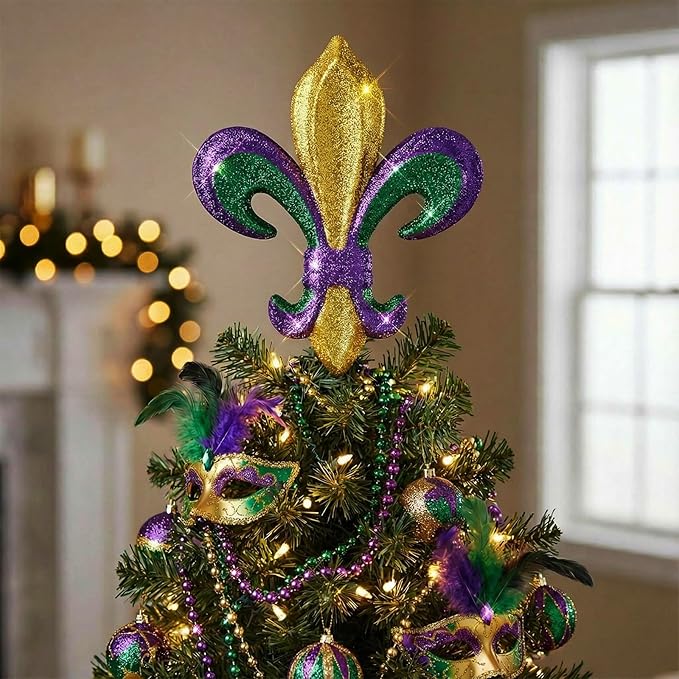 Gejoy 13 Inch Mardi Gras Tree Topper Glitter Purple Gold Green Tree Topper Fleur-de-lis Carnival Ornaments for Mardi Gras Carnival Party Holiday Decor Gifts