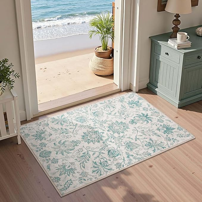jinchan Torino 2x3 Washable Rugs for Entryway Vintage-Inspired Floral Design Non-Slip Low-Pile Doormat Ultra-Thin Indoor Traditional Accent Carpet for Entrance Kitchen Bathroom Bedroom