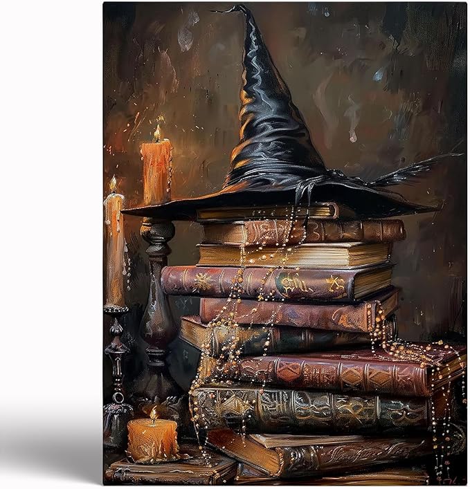 Vintage Halloween Witch Art Canvas Print - Cottage Witchy Hat and Magic Books Wall Art, Witch Painting for Reading Room, Bedroom, Dorm Decor - 16x24 Inch Framed