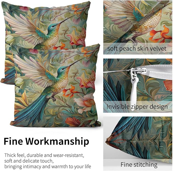 Hummingbird Pillow Protectors with Zipper Standard Size William Morris Pillow Covers Set of 2 Vintage Spring Floral Bird Pillowcases Chinoiserie Rustic Botanical Bed Pillow Covers 36"X20"