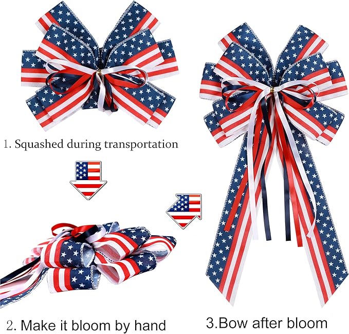 2 Pcs Patriotic Bows for Wreaths Decorations,Red White Blue Stripe String Stars Tree Topper Bow for 4th of July,Independence Day,Memorial Day,Veteran's Day,USA,American Front Door Indoor Outdoor Decor